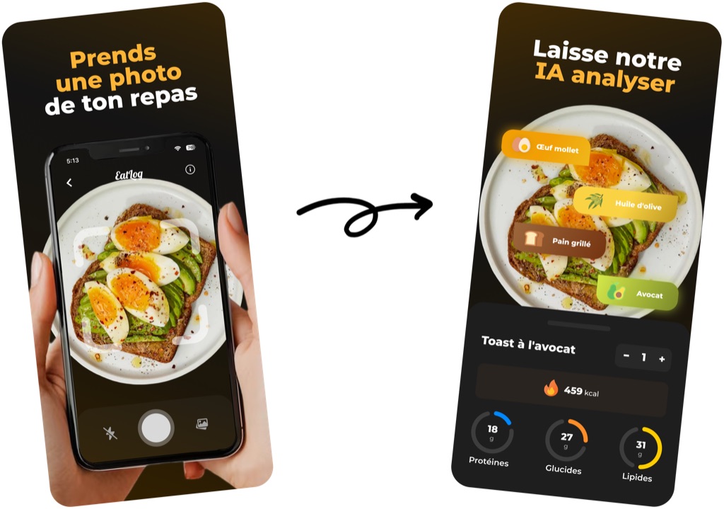 Écran de l’app EatLog affichant les calories et les macros d’un repas analysé à partir d’une photo